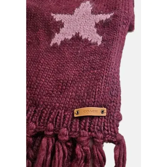 Coach Star Intarsia Long Fringe Scarf Wool Blend Bright Berry Orchid F86021 NWT. - Picture 8 of 14